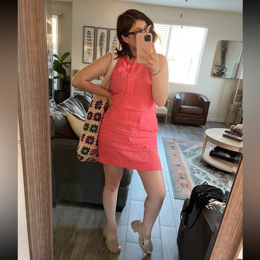 C&C California| Sleeveless Coral Linen Shirt Dress w Pockets, Size 10••Lagenlook
